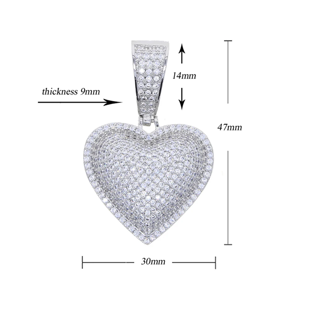 New Iced Out Bling Heart Pendant Necklace Zircon 5mm Tennis Chain Love Hearts Charm Women Men Hip Hop Fashion Jewelry