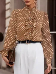 Elegant Office Lady Casual Stand Neck Long Sleeve Shirts Blouses Spring Autumn Fashion Polka Dot Print Rufle Button Shirt Top