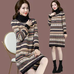 Medium to Long High Neck Pullover Women's Wool Dress Ethnic Style Korean Version Loose Retro Striped Thick Base Shirt