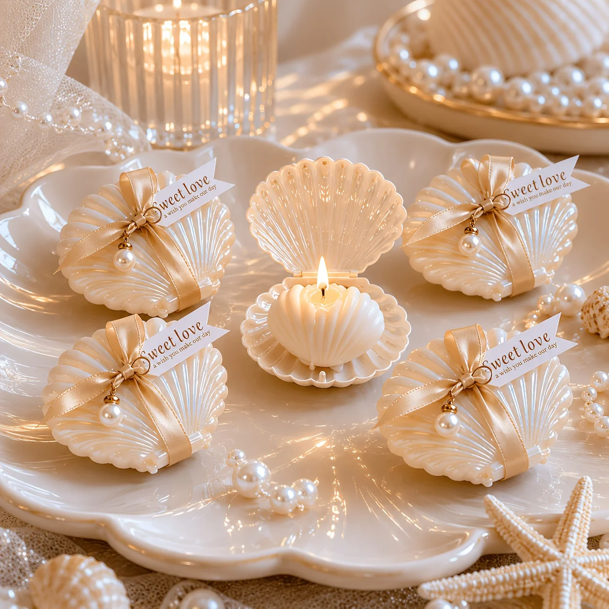 6sets Luxury Shell Candle Wedding Favors for Guests, Bridal Shower, Romantic Wedding Reception Table Gifts, Resort Wedding Decor