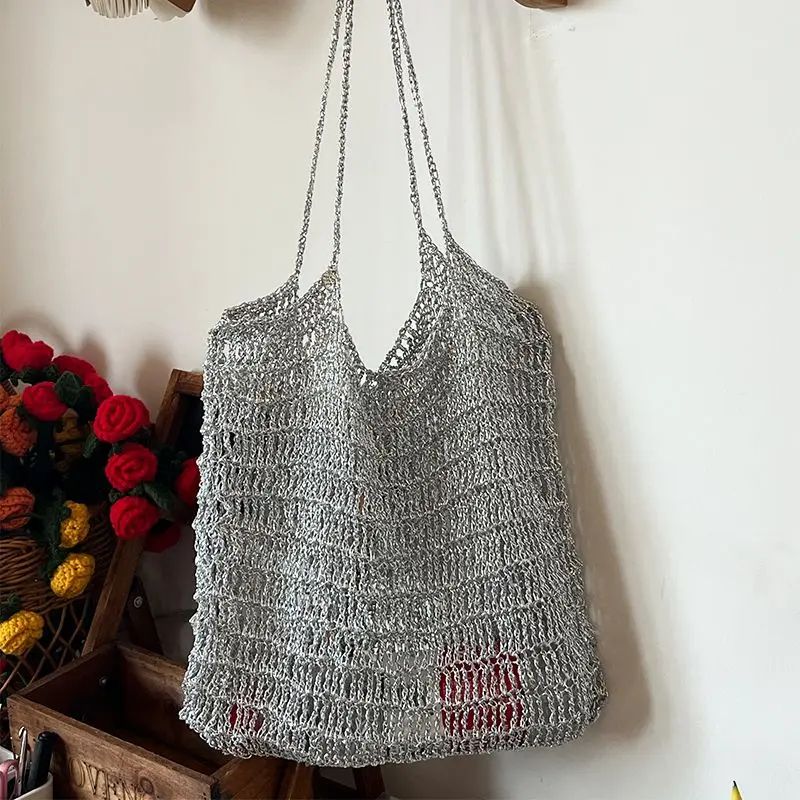 Silver Handmade Yarn Popular Same Style Woven Small Silver Bag Woven Flash Core Wire Crochet Needle 200g 1 Ball Yarn