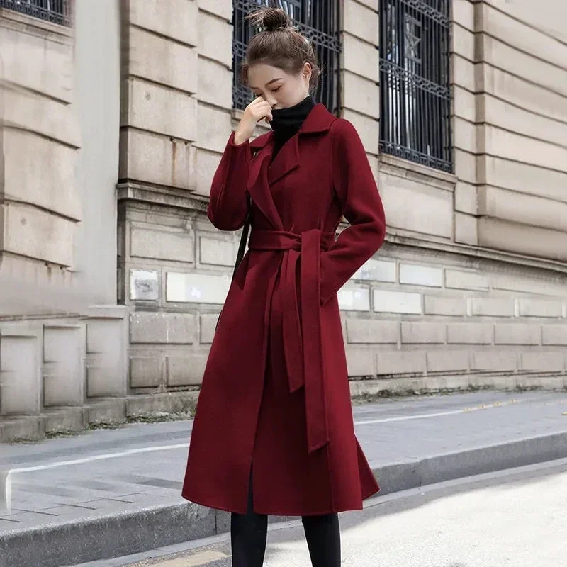 Inverno autunno natale rosso nero sciolto lungo cappotto di lana giacca cintura cappotto di lana donne coreane Cardigan orlo diviso capispalla XL