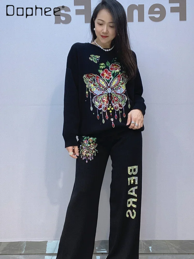 

Knitwear Long-Sleeved Trousers 2 Piece Sets Women Outfits 2024 Autumn Winter Butterfly Rhinestone Wide-Leg Pants Fashion Suit