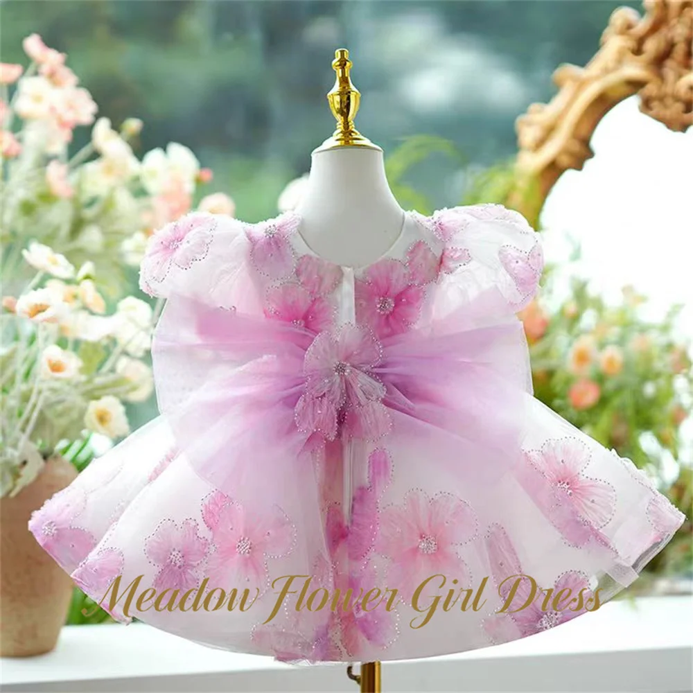 Meadow Gradient Peach Pink   Flower Girl Dress Round Neck Short Sleeve Kids Birthday Party Dress 3D FlowersTutu Fluffy Prom Gown