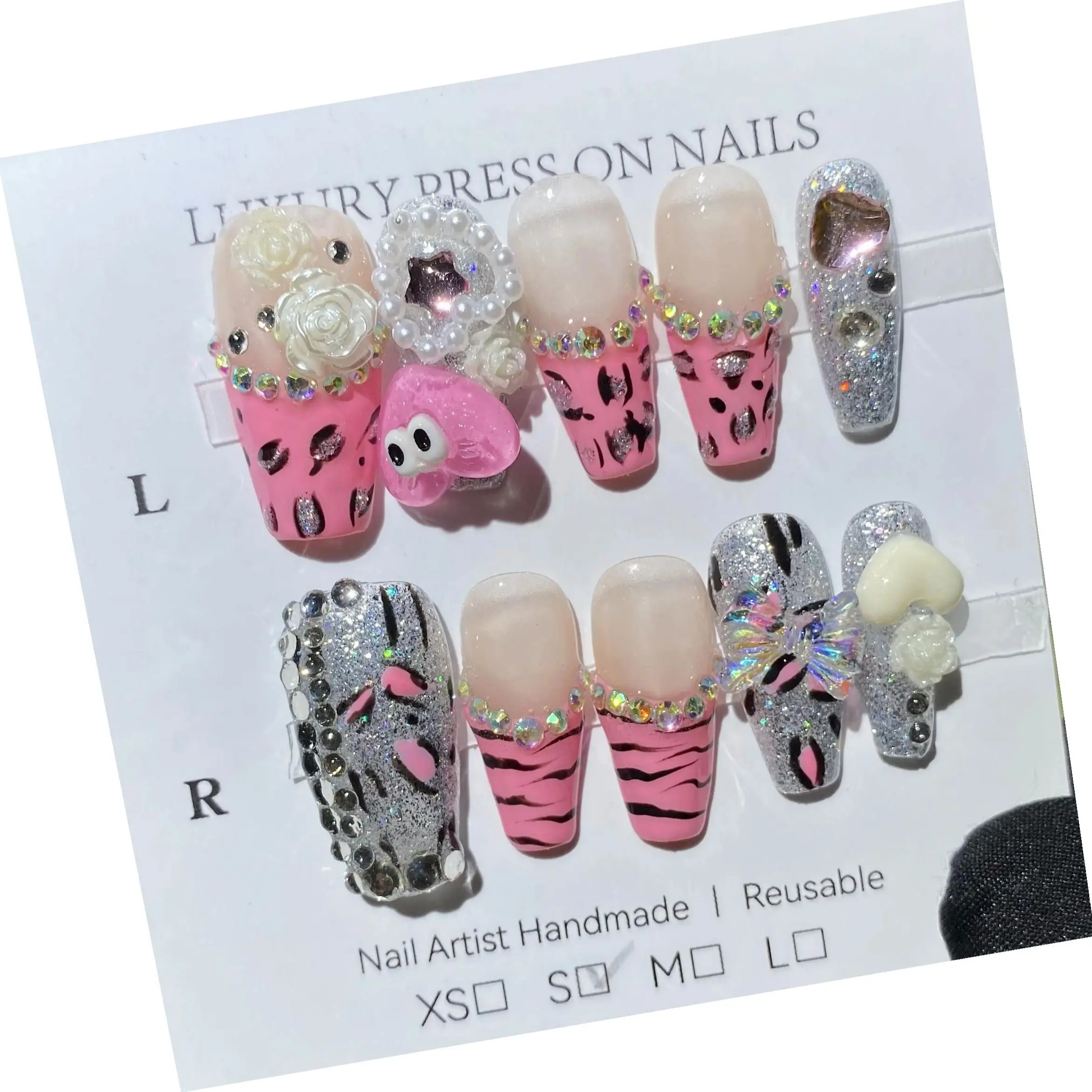 Handmade Press On Nails with Removable and Reusable Design,High-quality Luxurious Style And Whitening Effect.No.C343