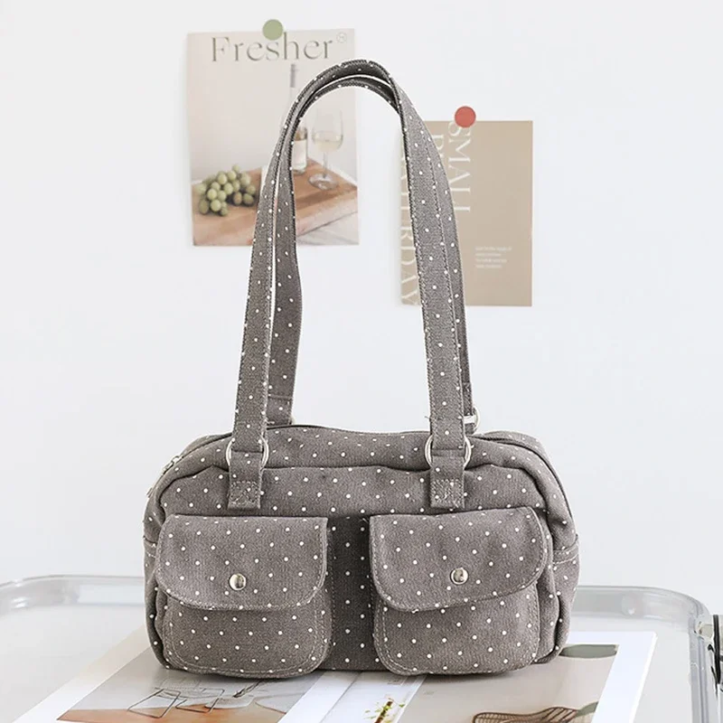 Schultertasche mit mehreren Taschen und Sternenmuster, gepunktet, für Damen, Canvas-Tragetasche, koreanische süße, niedliche, lässige Handtasche für Pendler und Reisen – Detail 3