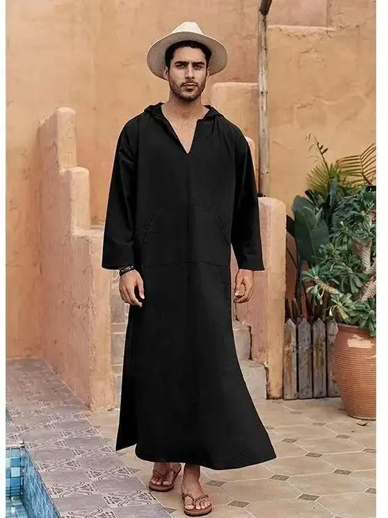 Middle East Men's Clothing: Muslim Robes. Arabian and Turkish Muslim Abayas, Simple Long - Style Hooded Robes with A V - Neck.