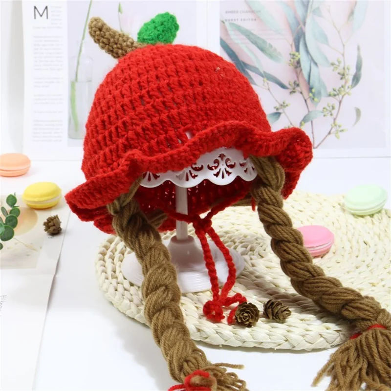 Cute Apple Shape Baby Girl Bucket Hat Cosplay Hair Braid Wig Cap Winter Warm Knitted Children Kids Girls Hats Caps Accessories