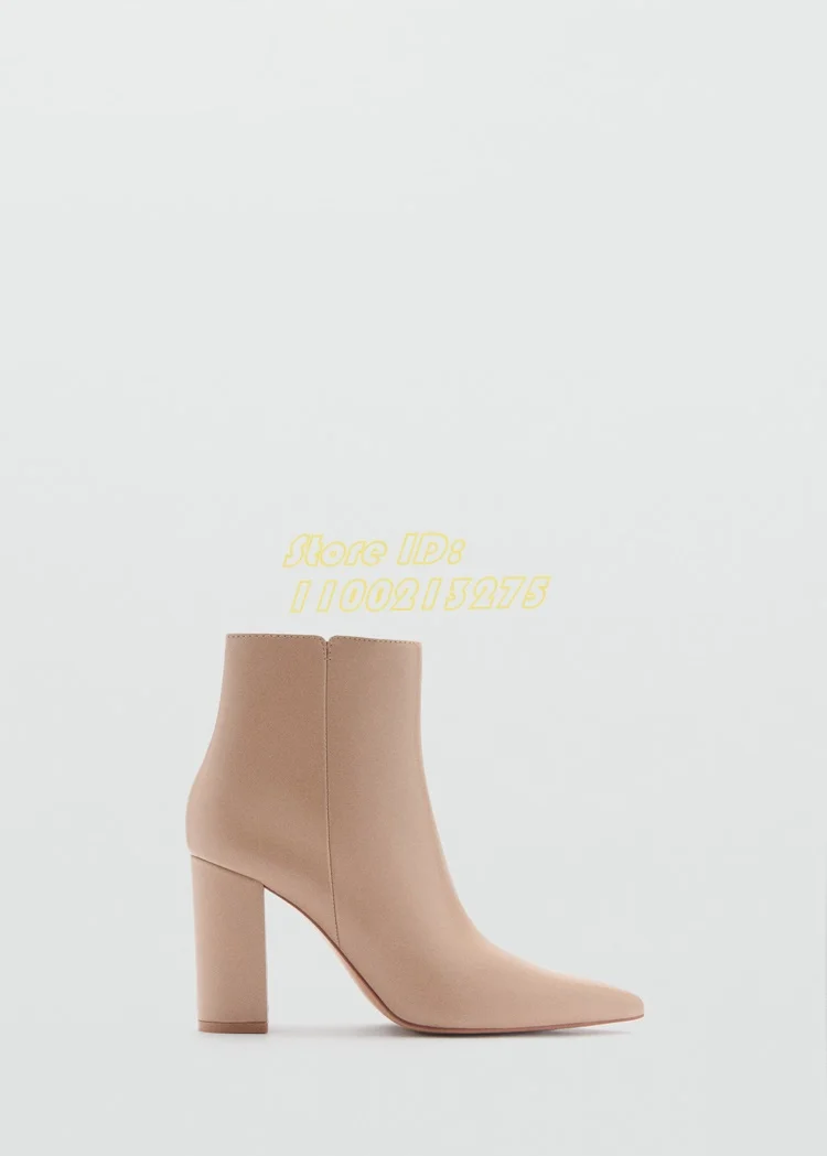 Botines de tacón de bloque de cuero desnudo para mujer, botines sexys con punta puntiaguda y cremallera lateral, moda sólida, zapatos de vestir de verano y primavera 2025, tacón cuadrado