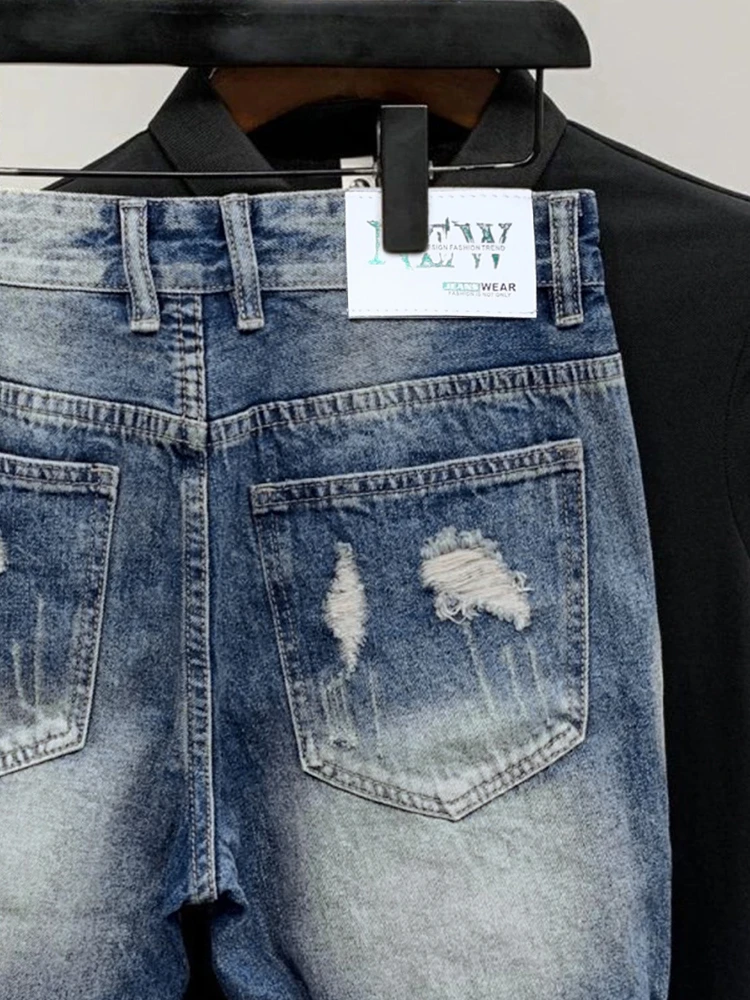 2026 Summer Ripped Straight Men Denim Shorts Korean Fashion Streetwear Blue Vintage Jean Slim Luxury Trend Male Brand Clothes view 5