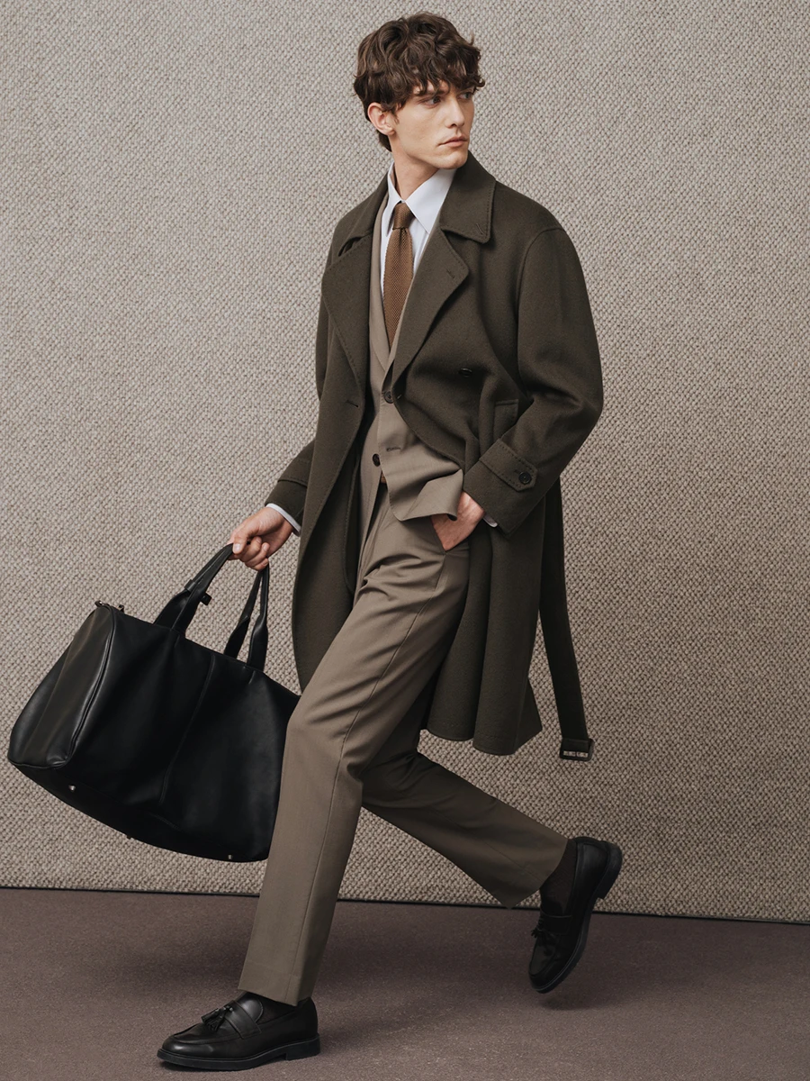 معطف كشمير 95% من الصوف 5% للرجال معطف شتوي مزدوج الصدر مع طية صدر السترة متوسطة الطول من مزيج الصوف الثقيل للأعمال