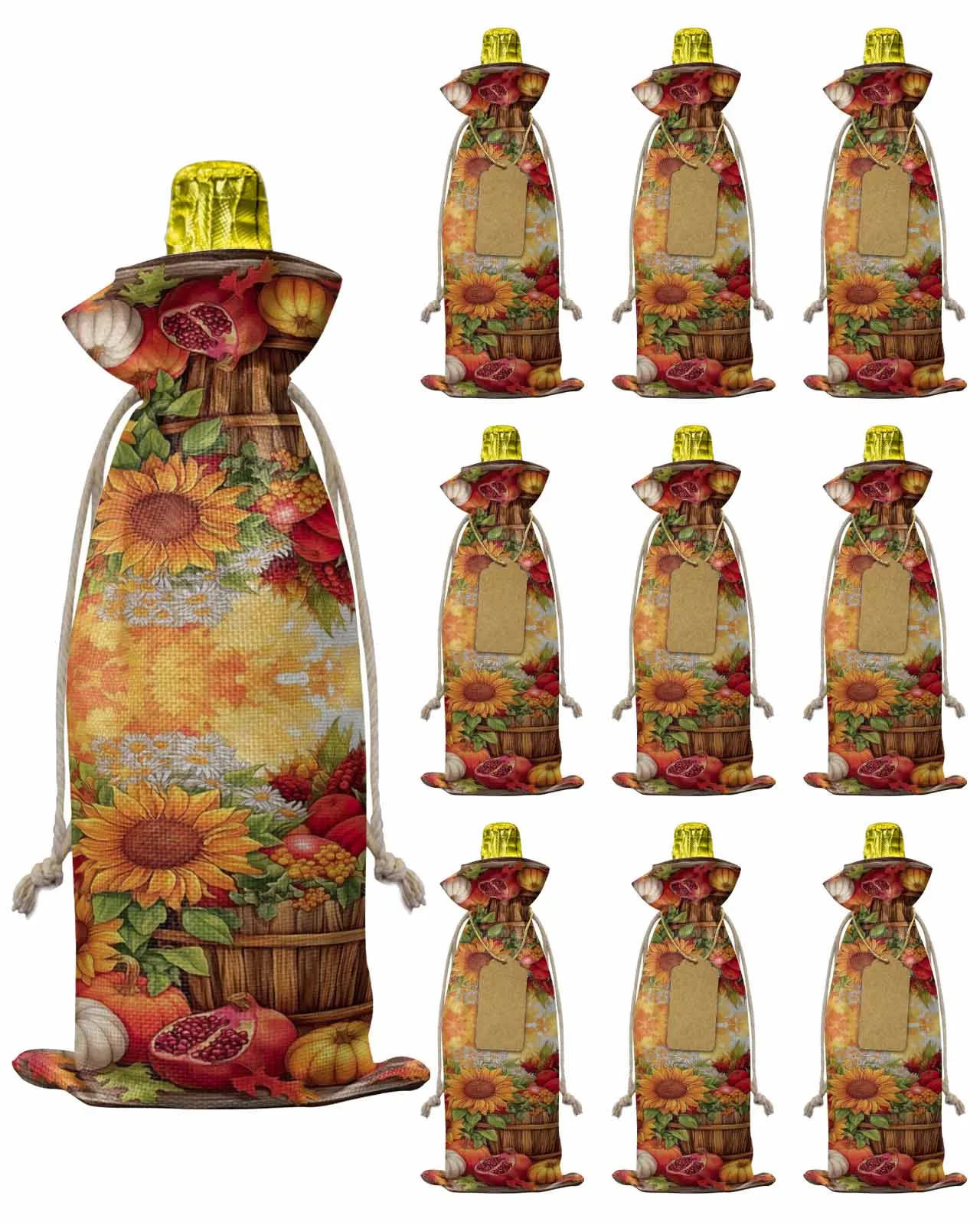 10pcs Sunflowers Pumpkins Maple Leaves PomegranatesWine Bottle Bag with Drawstring Festive Party Decor Wine Bottle Covers Gift