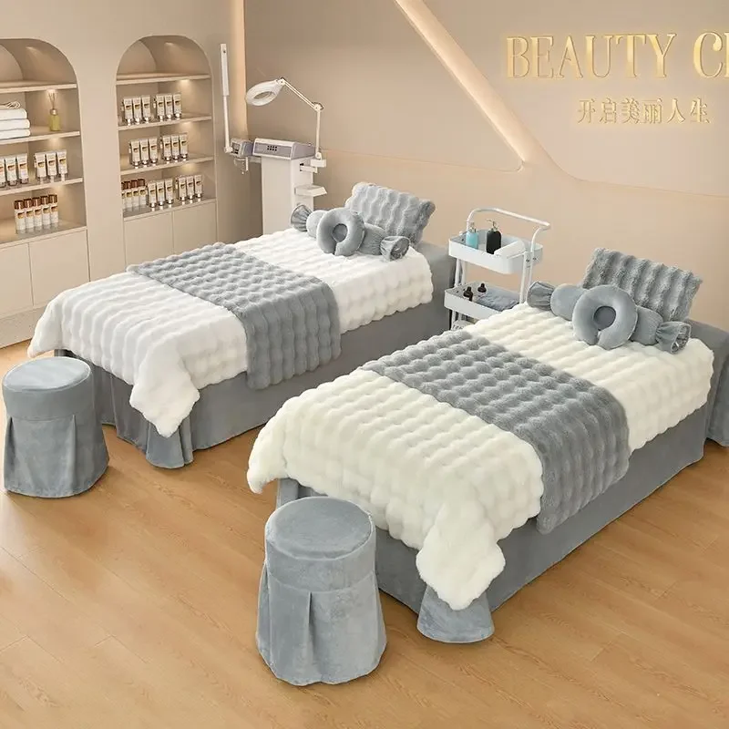 مجموعة أغطية سرير التجميل، تنورة سرير سبا للتدليك بفقاعات ناعمة، غطاء لحاف، كيس وسادة، غطاء مقعد، مجموعات مفروشات صالون التجميل، 4 قطع #6