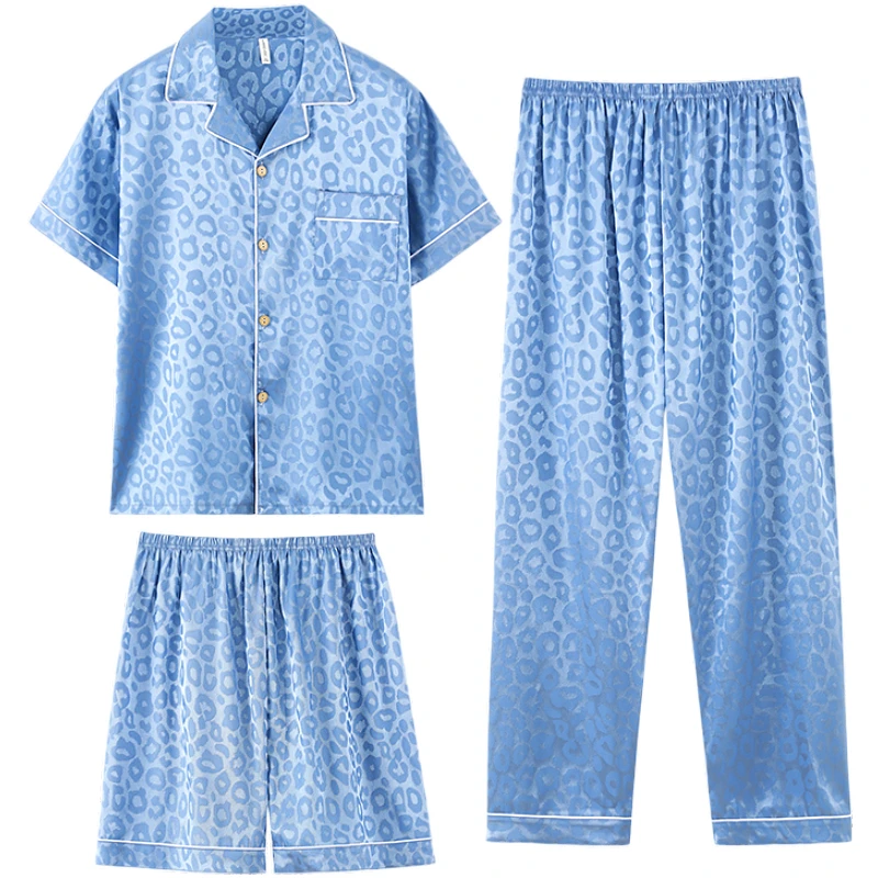 Pajamas men's summer leopard patterned jacquard ice silk short sleeves+shorts+pants cardigan lapel three piece set home clothing