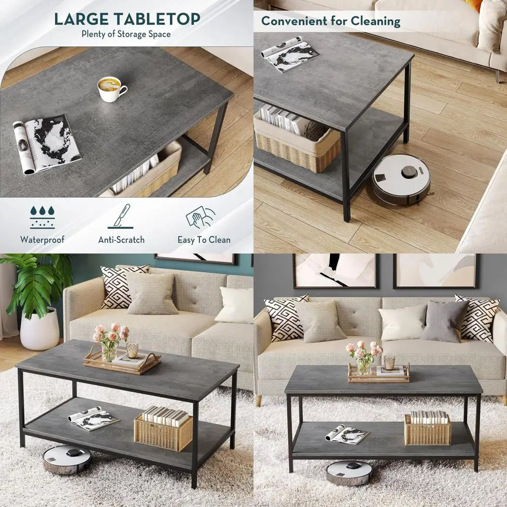 2-Tier Industrial Style Coffee Table with Storage, Rectangular Wooden Center Table for Living Room, Small Space, Concrete Gray F