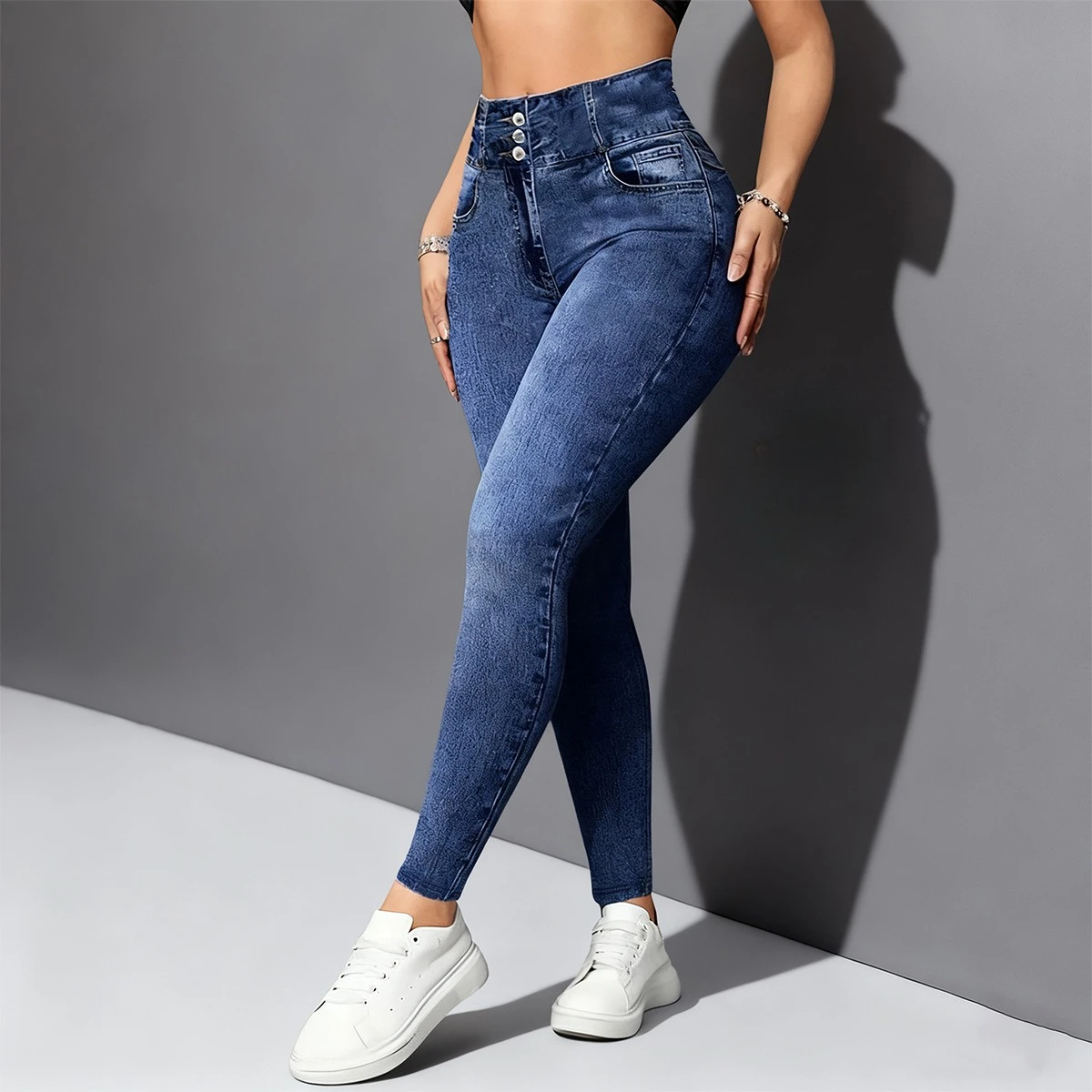 American style Pencil Pants Women Vintage Washed Stretch Jeans Casual High Waist Sheath Pockets Button Jean