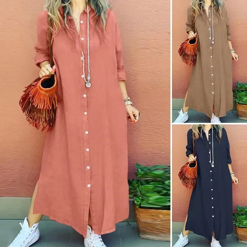 

2023 New Loose Long Sve Collar Dr with Color Blo Buttons Pure Color Open Cardigan Sle Summer New Arrival Women's Fa...