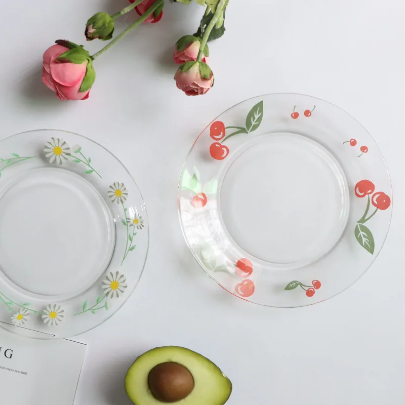 Ins Simple Daisy Cheery Glass Plate Cute Transparent Round Household Tableware Cake Dessert Plate