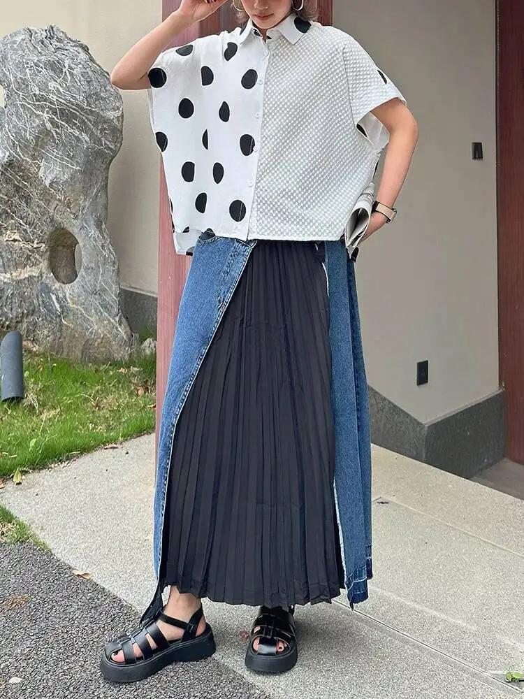 High Elastic Waist Color-Block Pleated Denim A-line Half-body Skirt Women Fashion Tide New Spring Autumn