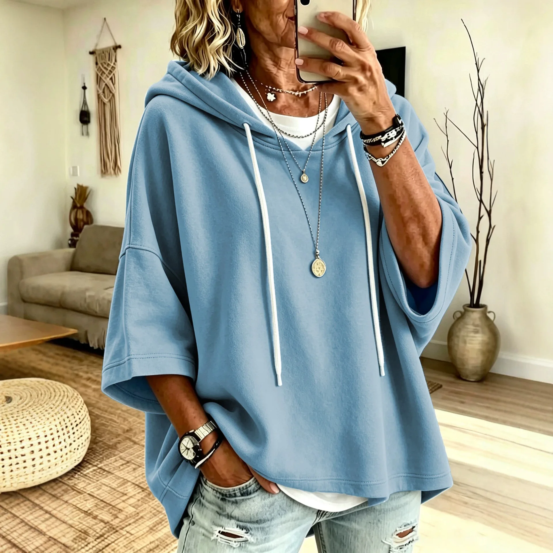Einfarbiger Damen-Hoodie mit 3/4-Ärmeln, Lässiger Lockerer Pullover für Herbst und Winter – Detail 20