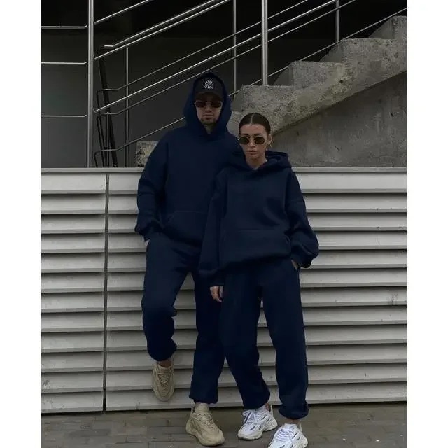Fall and winter couple's fleece-lined hooded set, men's warm casual long-sleeve pants for outdoor sports wear