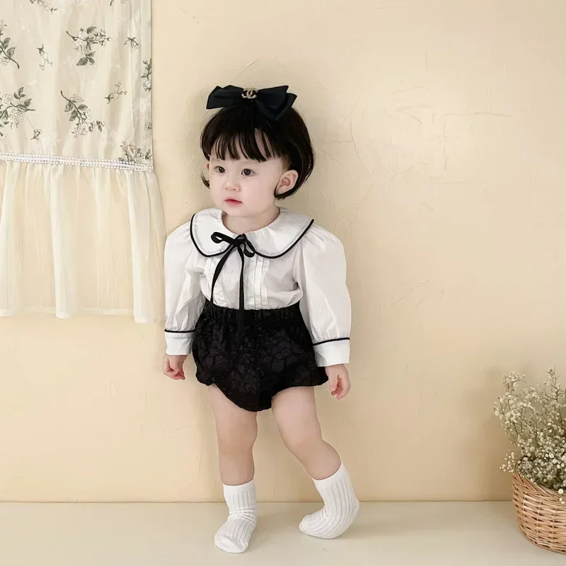 Korean Style New Spring Baby Girl Sets Long Puff Sleeves Peter Pan Collar Bow Bottomed Shirts+Pure PP Shorts Kids Clothing E6811