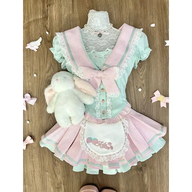 

Japanese Sweet Lolita Style Skirt Set Women Kawaii Puff Short Sleeved Top Cute Cake Skirt Suit Female Y2k Bow Strawberry Outfits