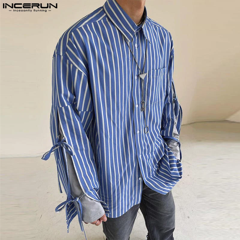 Handsome Well Fitting Tops INCERUN New Men's Striped Lace Design Shirt Casual Stylish Male Loose Long Sleeved Lapel Blouse S-5XL