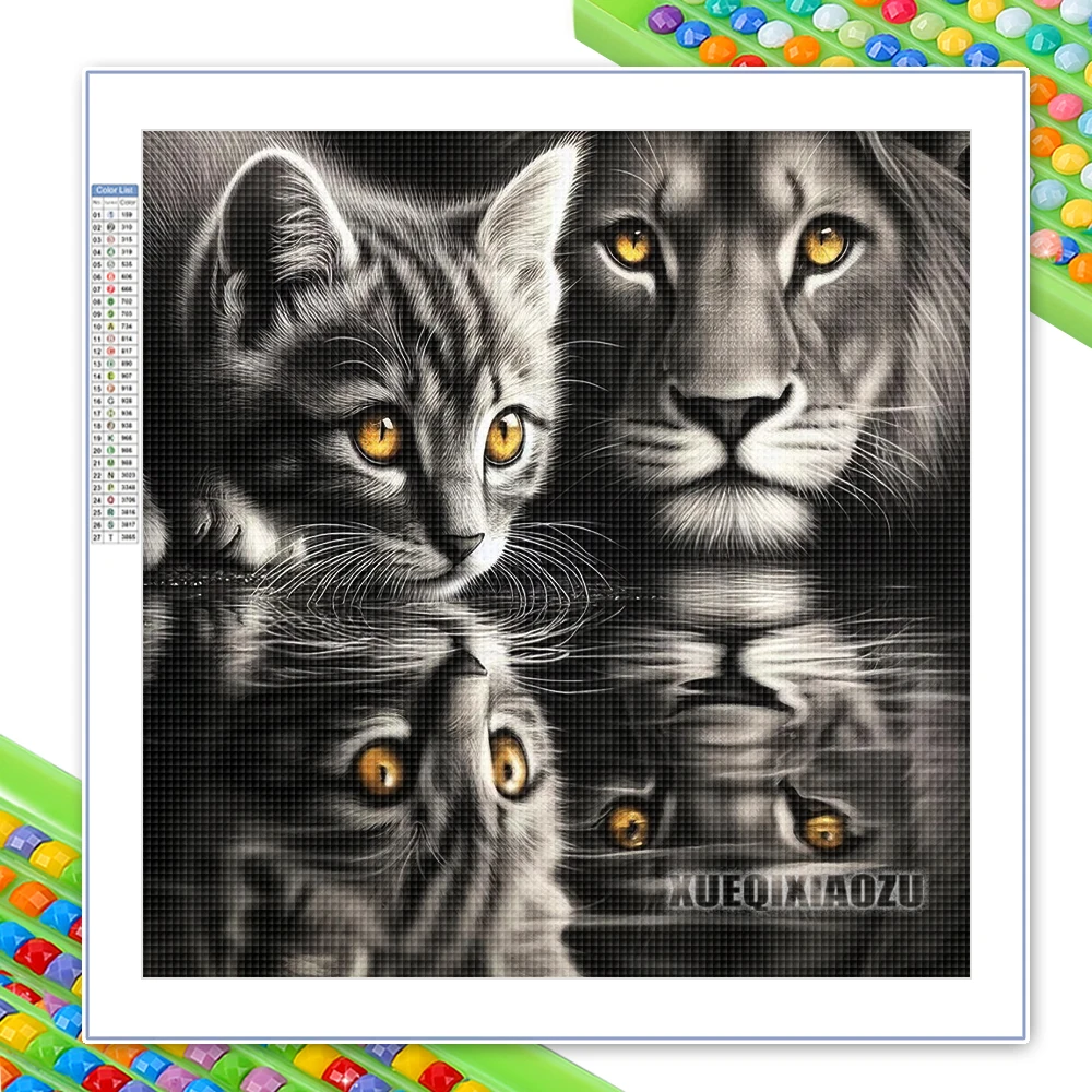 Cat and Lion Diamond Painting 5D DIY Mosaic Embroidery Black and White Animal Art Home Decoration Full Rhinestone Puzzle Gift