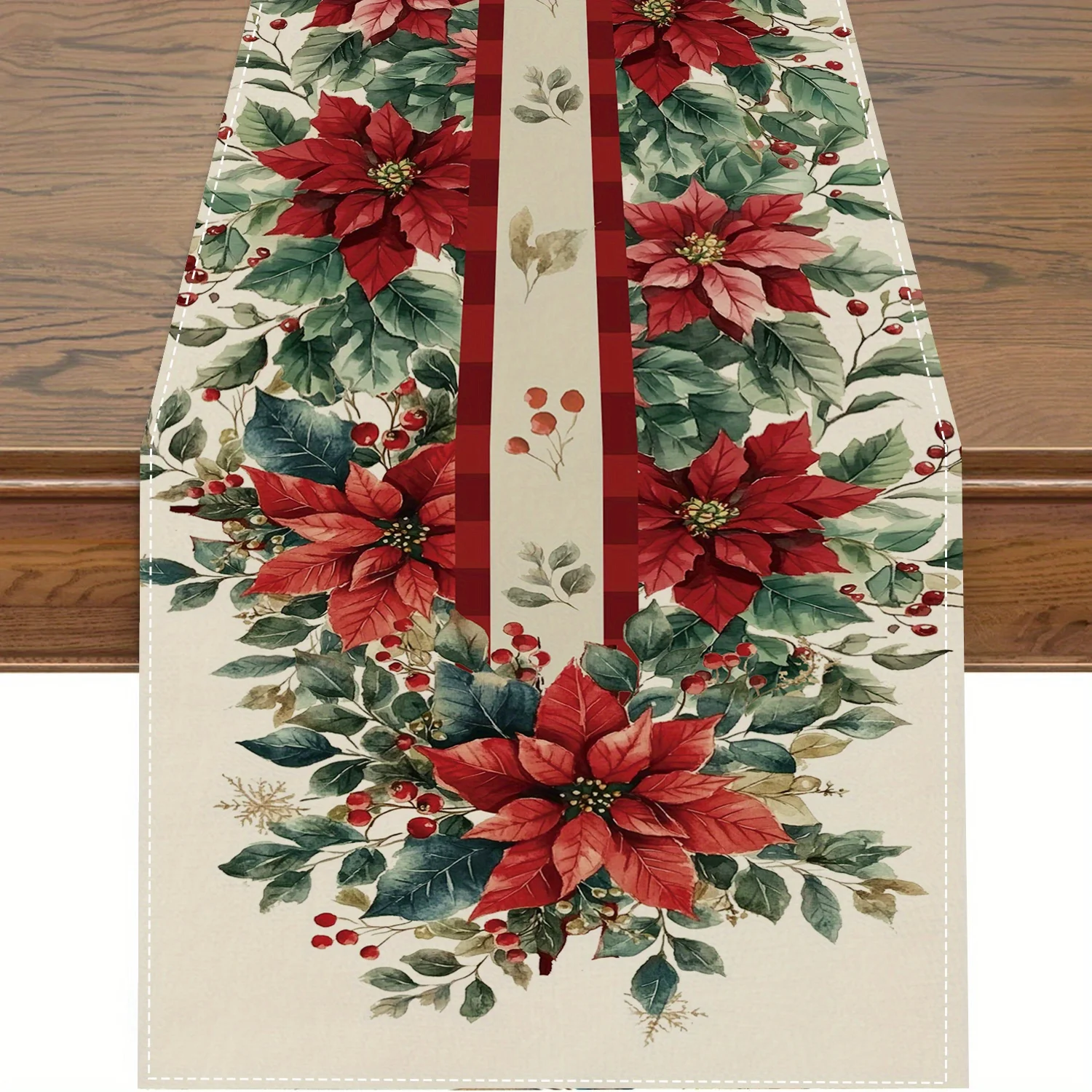 1pc, PolyesterTable Runner, Merry Christmas Table Runner, Christmas Ball Buffalo Plaid Pattern Table Cover, Christmas Atmospheri