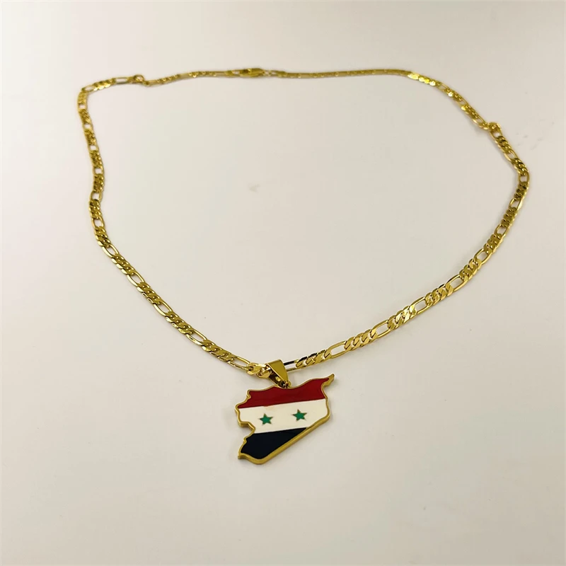 Syrian map flag pendant necklace gold Cuban chain stainless steel men and women drip oil patriotic commemorative accessories