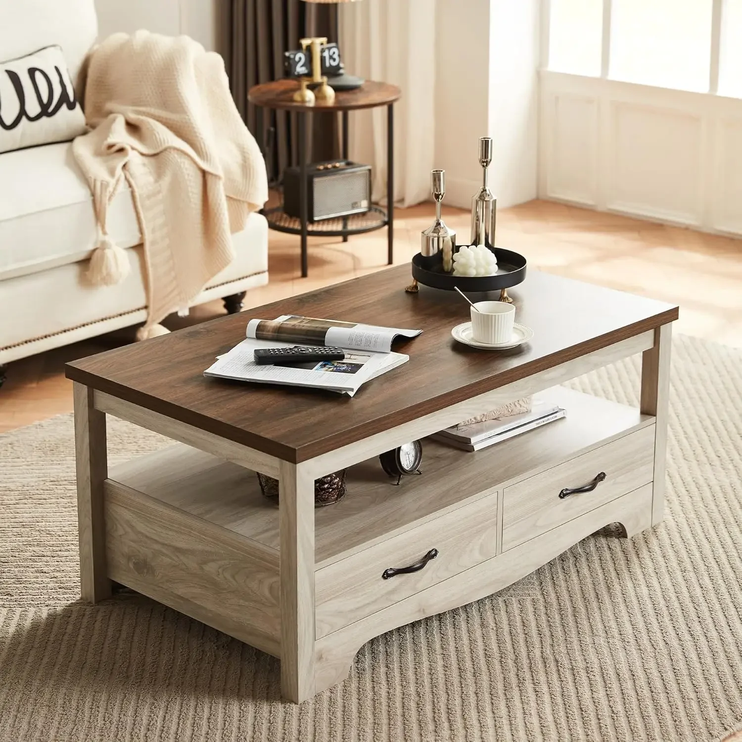 Farmhouse Coffee Table with Storage, Wood Coffee Table for Living Room, Open Display Area and Storage Drawers