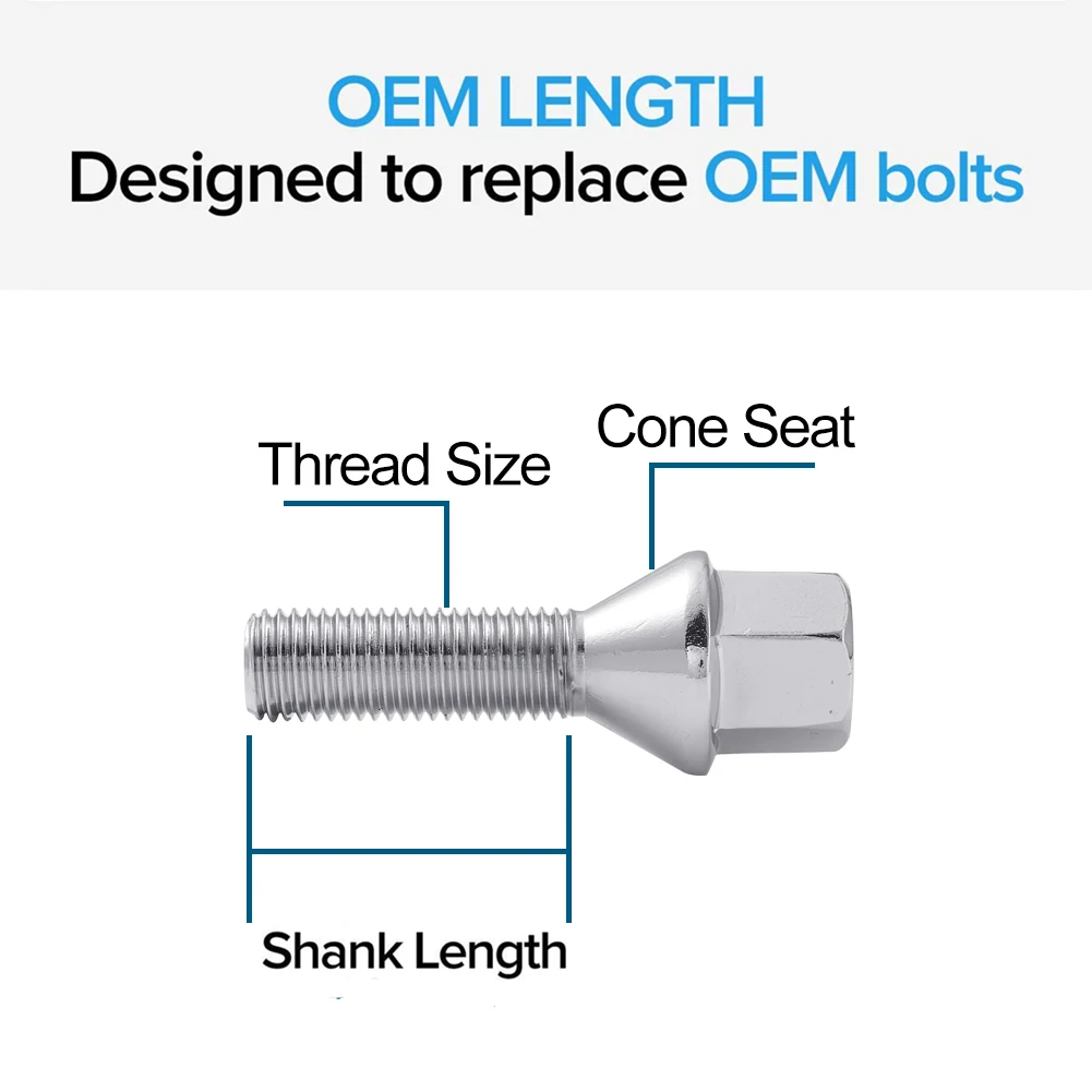 자동차 휠 너트 볼트 콘 시트 나사, 다양한 길이, BMW, 폭스바겐, 아우디, 메르세데스용, M12 x 1.5, 14x1.5, 14x1.25, 12x1.25, 1 개