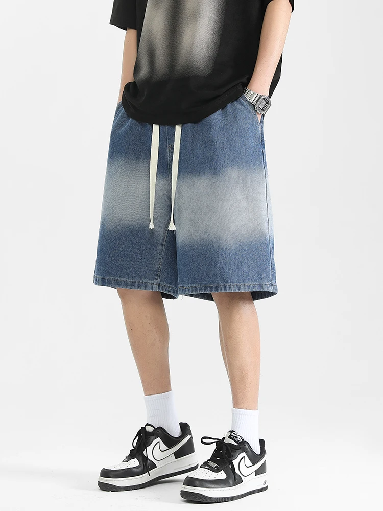 

Korean Style Vintage Men's Jeans Summer Loose Male Wide Leg Knee Length Shorts New Washed Fashion Short Denim Pants