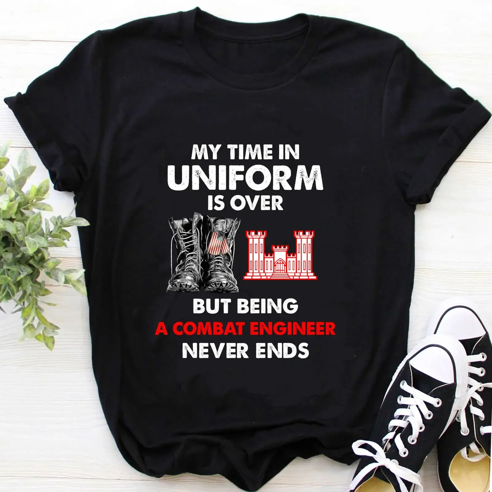 Retired Combat Engineer T Shirt My Time In Uniform Is Over But Being A Never Ends Veteran  vintage Washed graphic