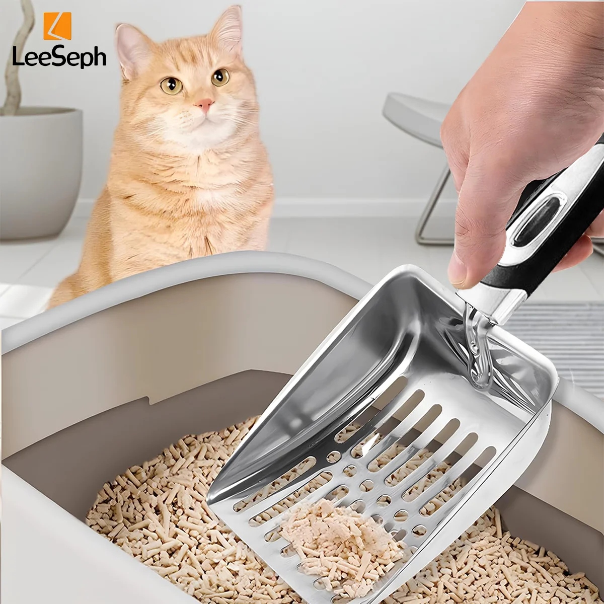 Leeseph Cat Litter Scoop, Stainless Steel Sifter, Kitty Metal Scooper, Deep Shovel, Long Handle, Poop Sifting, for Litter Box