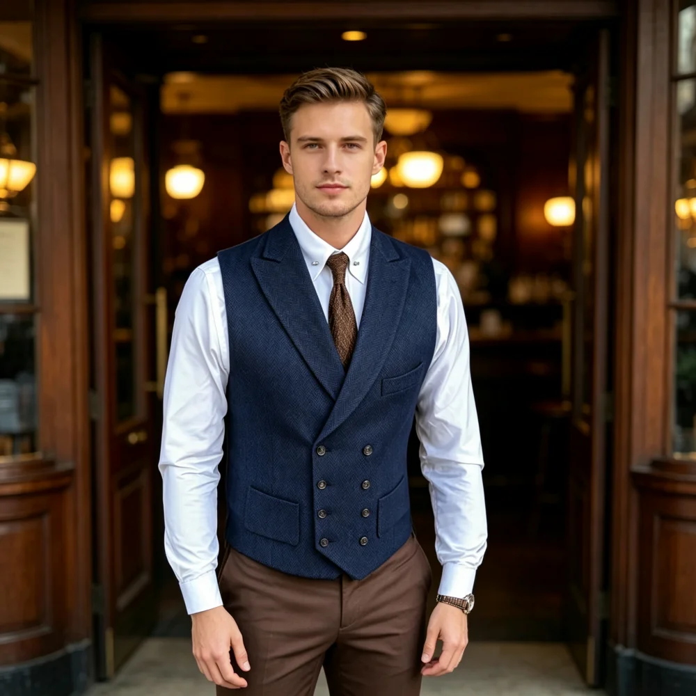 Men's Herringbone Tweed Vest Peak Lapel Double Breasted Formal Men's Business  Waistcoat For Groomsmen Wedding