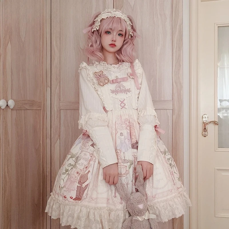 オリジナル可愛いウサギプリントJSK＆OPドレス ロリータガール レディース スイートドール感 スリム 半袖 膝丈ワンピース ホットセール