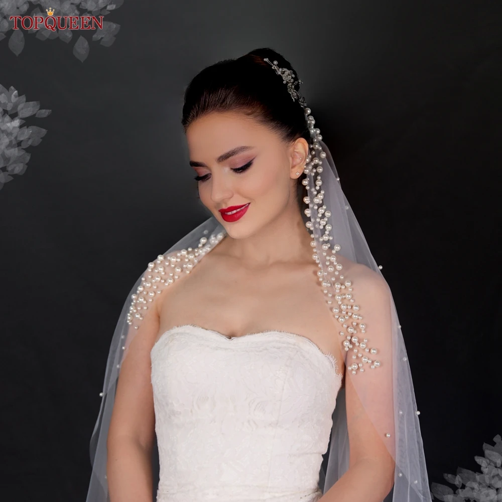 TOPQUEEN Pretty Bridal Wedding Veil Sheer Tulle Pearl Headband 3M Long Cathedral Veil Wedding Accessories V207