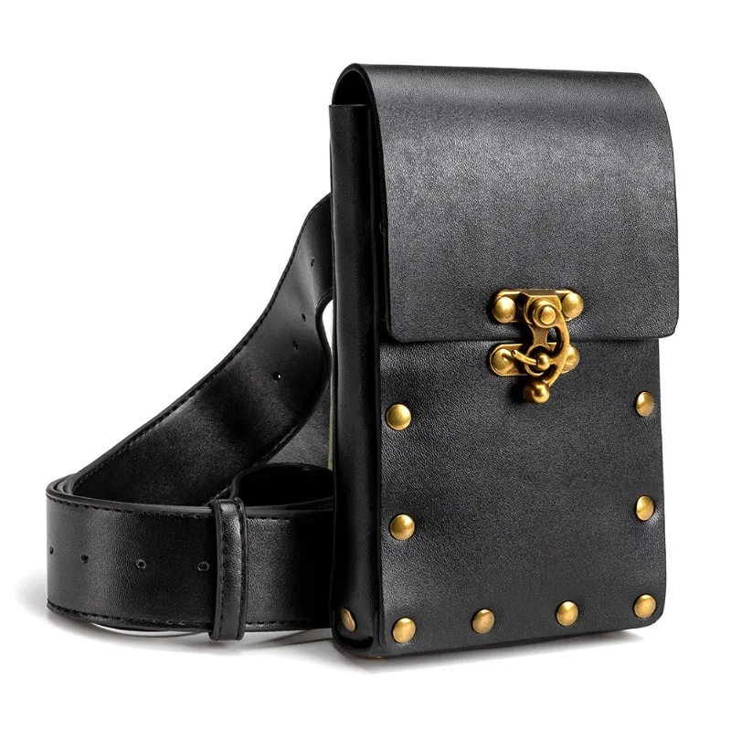 

New European and American punk women's bags, retro brown, outdoor mobile phone change, sports and leisure mini fanny pack.