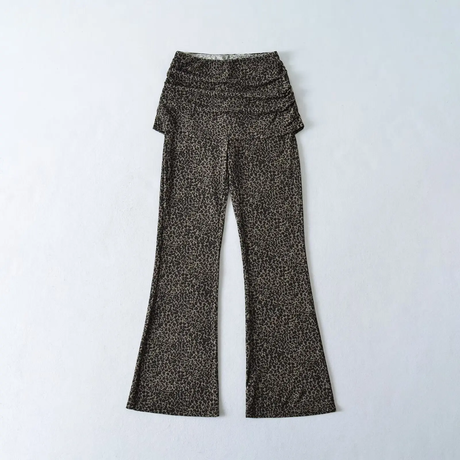 American Retro Leopard False 2 pieces Flare Pants Woman Elastic Waist Stretch Skinny Trousers Legging Bottom Blackgray Brown