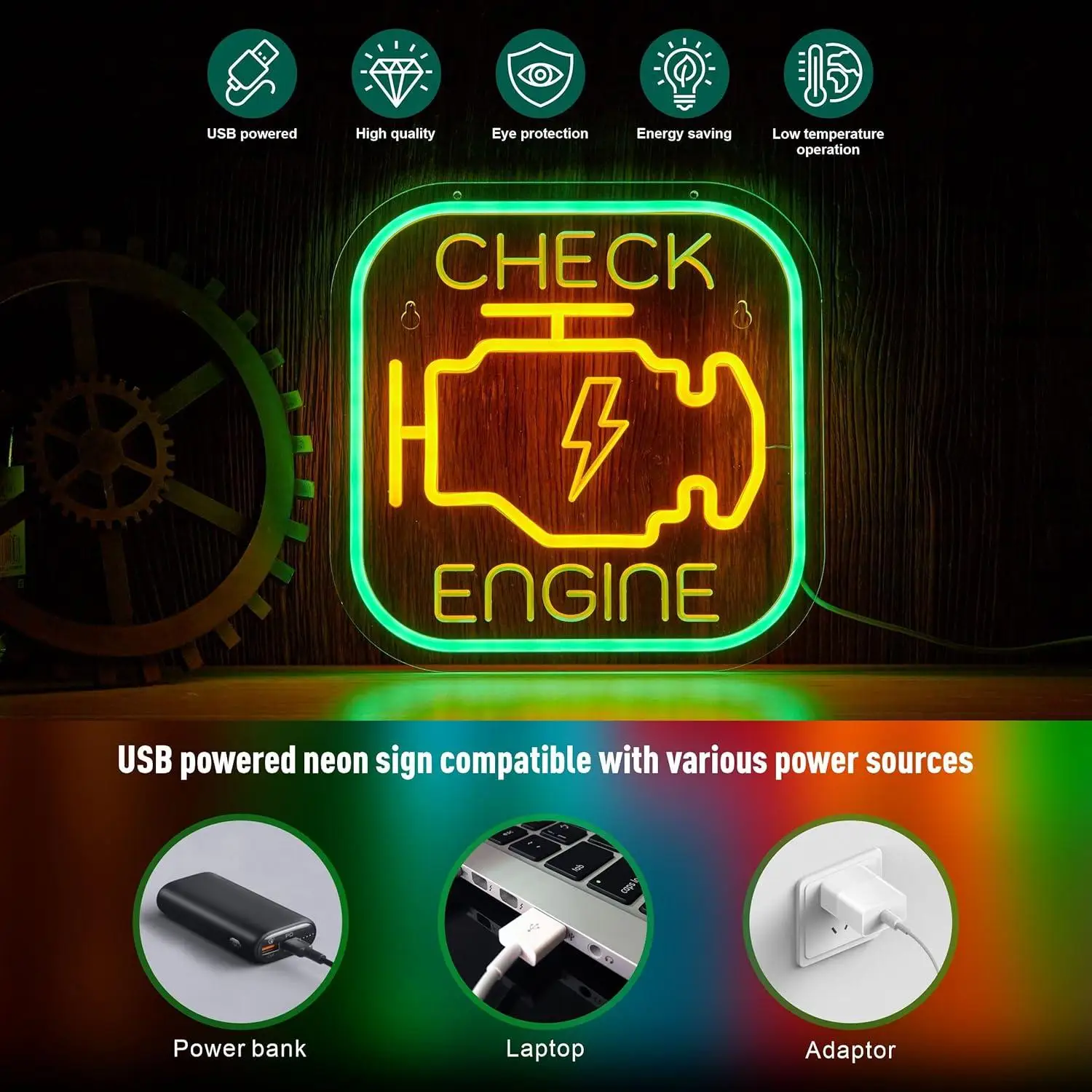 Check Engine Neon Sign USB Dimmab LED Lights for Garage Man Cave Auto Repair Shop Workshop Decoration Birthday Gift Wall Decor