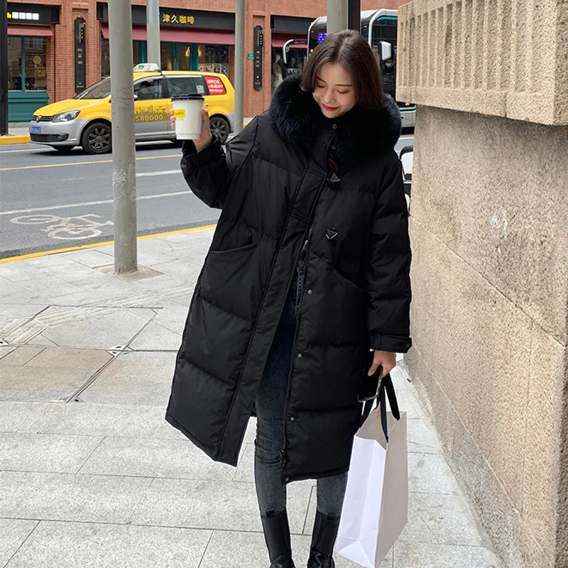 Dames parka's katoenen gewatteerde jas lange jas bontkraag met capuchon enkele rij knopen dikke winddichte puffer bovenkleding winterjas