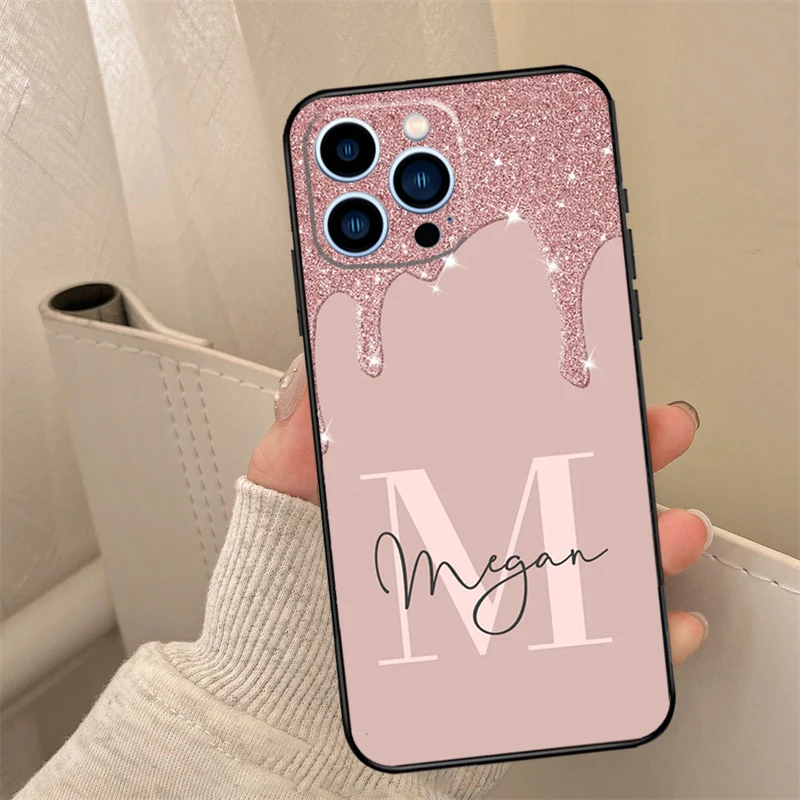 Personalised Name slim liquid glitter Case For iPhone 16 15 12 13 Mini 11 14 Pro Max X XR XS 7 8 14 Plus Cover Coque
