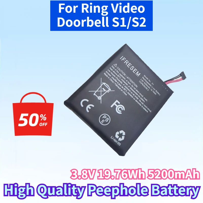 Newest 3.8V 19.76Wh 5200mAh Rechargeable Battery for Ring Video Doorbell S1/S2 Electronic Doorbell High Quality Peephole Battery