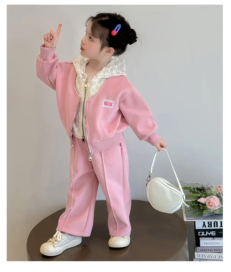 2025年秋新作 子供服 韓国風 女の子 ベビー レースパーカー フェイクツーピース パーカーパンツ カジュアルスーツ