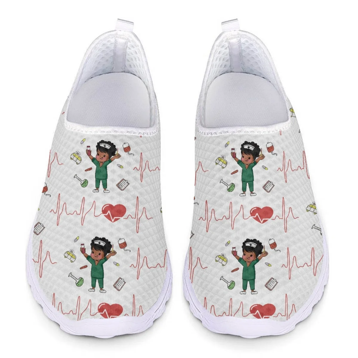 INSTANTARTS White Medical Nurse Shoes Cartoon Paramedic Equipment Heartbeat Print Soft Sole Breathable Summer Mesh Shoes Zapatos