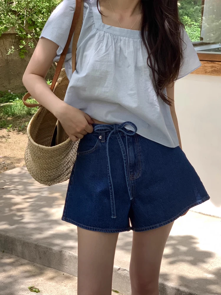 한국 스타일 하이웨이스트 데님 반바지 여성 여름 2024 신상 레그 레이싱 루즈핏 와이드 레그 A라인 벨티드 숏 팬츠