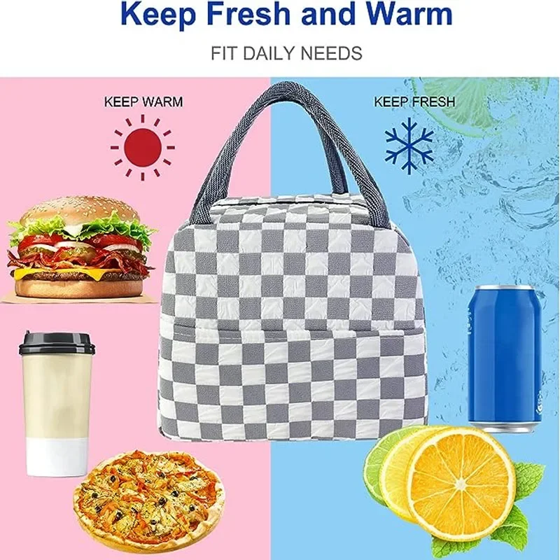 Insulated aluminum foil lunch bag, student portable checkered lunch box bag, suitable for use on school trips