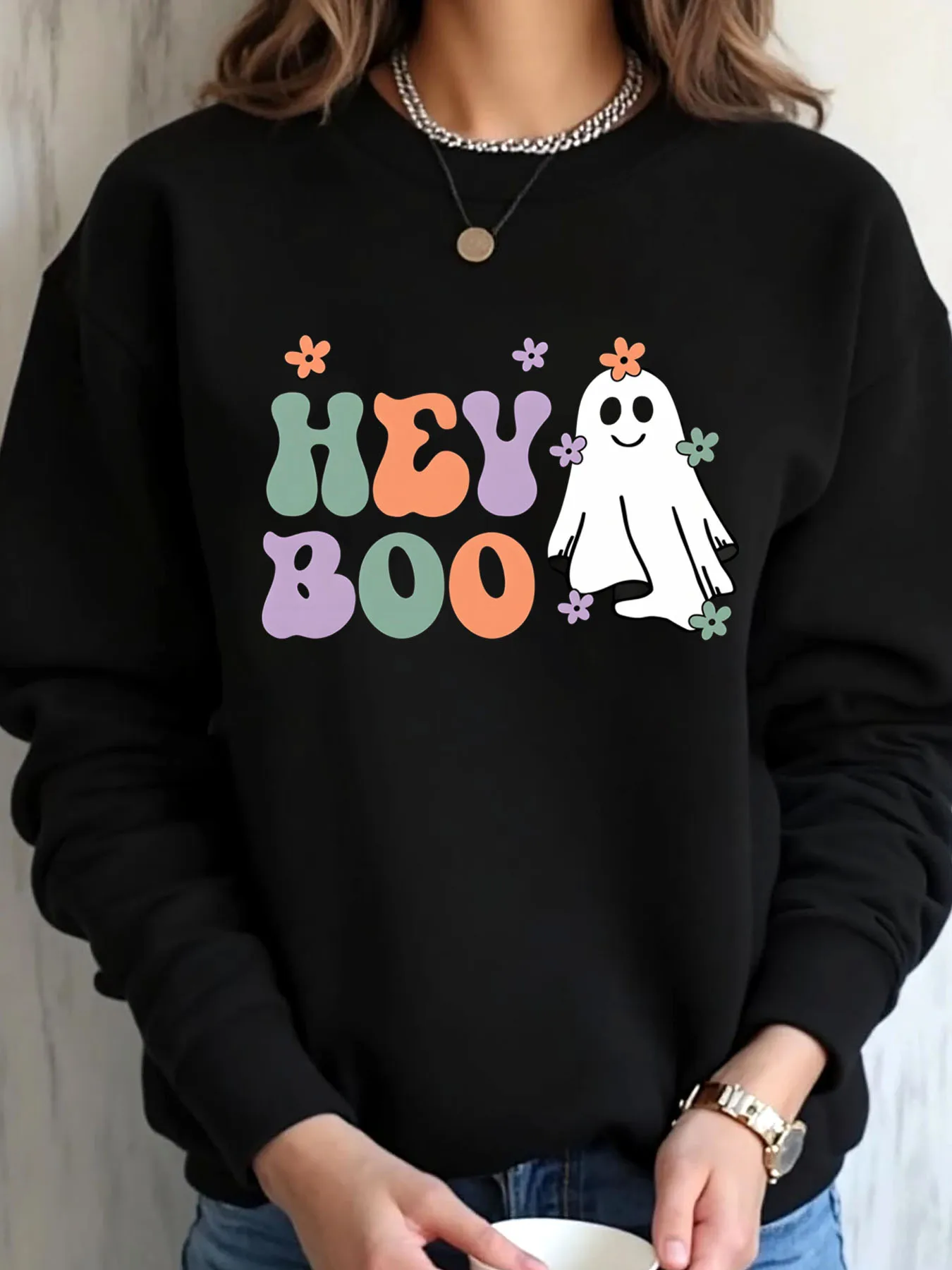 

Женская толстовка большого размера на Хэллоуин с призраками и цветами Hey Boo, верхняя одежда с принтом